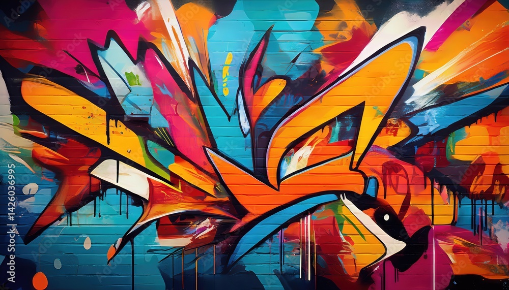 Naklejka premium Pop ArtInspired Graffiti Wall Abstract Backdrop Vibrant Urban Canvas Blending Colorful Geometric Patterns, Intricate Spray Paint Textures, and a Striking Pop Culture Atmosphere.