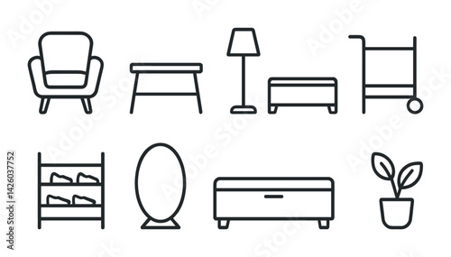 Home furniture outline icon set: chair, table, plant, lamp, shoe rack, trolley, mirror