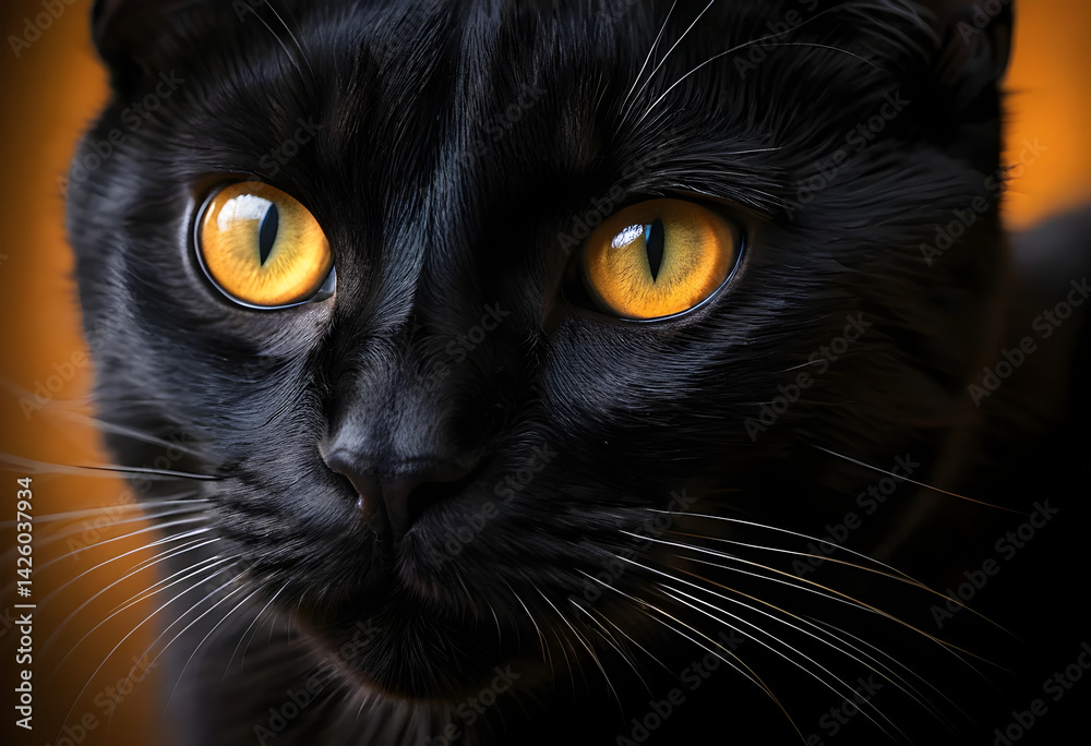 Intense Gaze of a Black Cat: Striking Portrait with Piercing Amber Eyes