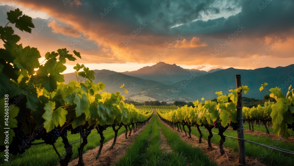 Fototapeta premium Sunset vineyard scene with mountains and wine grapes on vine