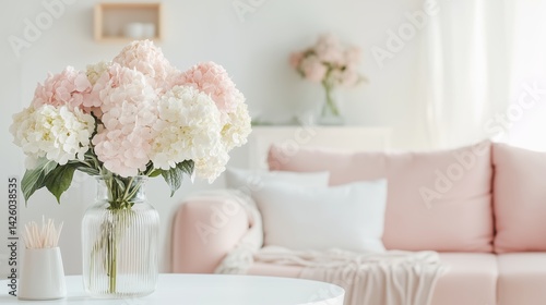 Beautiful bouquet of hydrangeas in a modern living room with soft pastel colors and cozy furniture