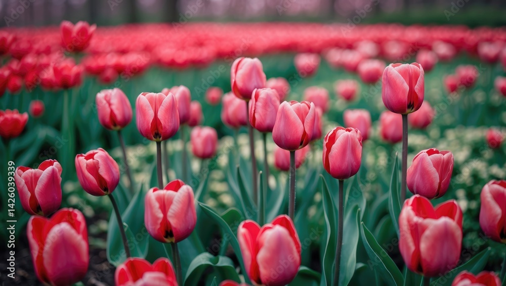 Fototapeta premium Close-up of a bunch of red tulips in full bloom in a garden setting