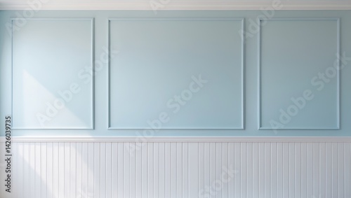 White wainscoting with light blue wall paint as a decorative background