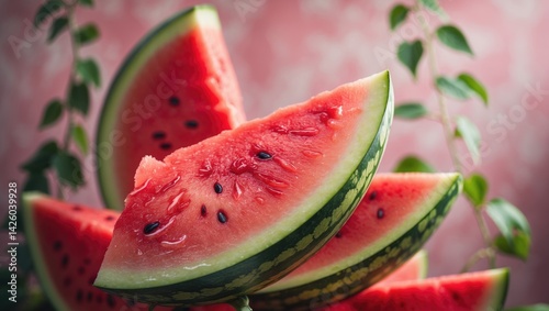 Juicy watermelon background featuring fresh, honied fruit close-up