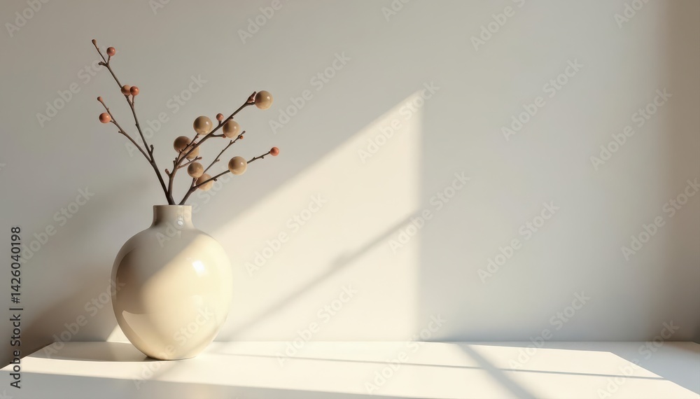 Modern beige vase with branch, sunlit shadow on white table against gray wall Copy space , scandinavian, beige Modern beige vase with branch, sunlit shadow on white table against gray wall Copy space , scandinavian, beige