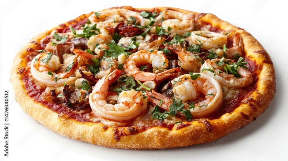 Seafood Pizza with Calamari, Shrimp and Parsley Garnish Seafood Pizza with Calamari, Shrimp and Parsley Garnish