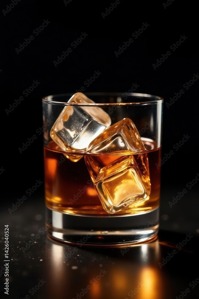 Neat whiskey with ice cubes, black background, dramatic lighting, brown, minimal Neat whiskey with ice cubes, black background, dramatic lighting, brown, minimal