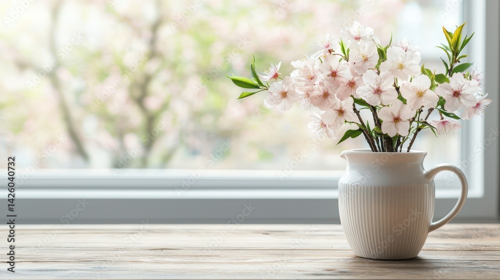 Beautiful Flower Arrangement in White Pitcher on Wooden Table with Soft Focus Background of Blossoming Trees Beautiful Flower Arrangement in White Pitcher on Wooden Table with Soft Focus Background of Blossoming Trees
