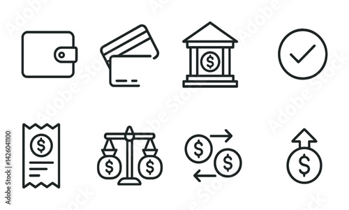 Financial services icon set: banking, payment, and transaction symbols in linear style