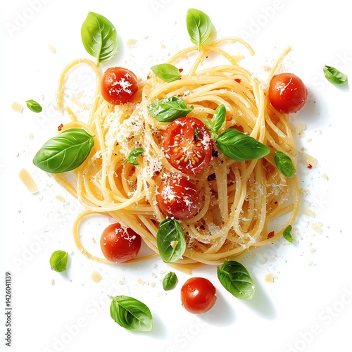 Delicious Spaghetti with Cherry Tomatoes and Fresh Basil, Sprinkled with Parmesan Cheese