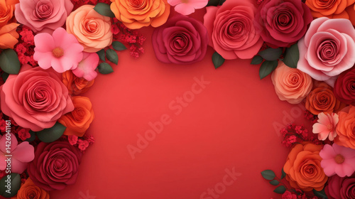 vibrant arrangement of roses in various shades of red, pink, and peach creates stunning floral border against solid red background, evoking feelings of love and beauty