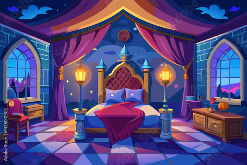 vector of King's bedroom at night in a castle