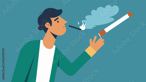 A person struggling with a nicotine addiction reaching for a cigarette but then remembering their commitment to quitting and putting it back.. Vector illustration