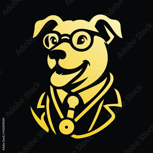 illustration of a dog wearing glasses with a smiling face dressed as a doctor, good for vet logo