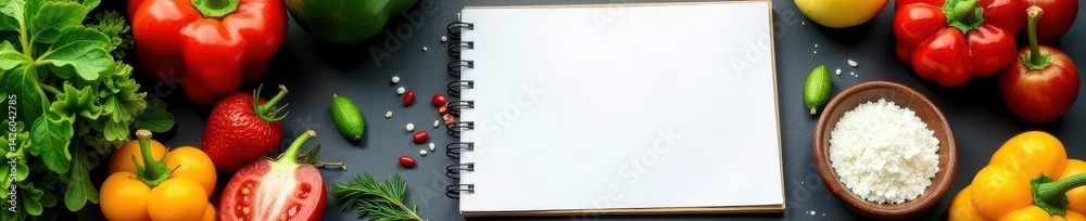 Recipe notes scribbled on notepad beside colorful fresh ingredients, recipe writing, healthy eating, overhead shot