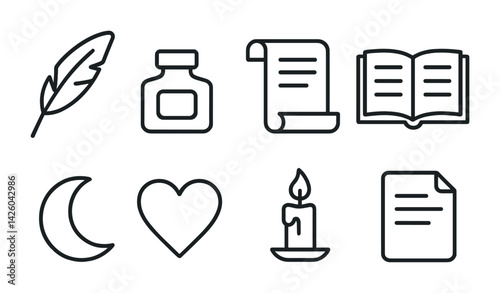 Vintage writing and literature icons set in linear style featuring feather, inkwell, book, and more