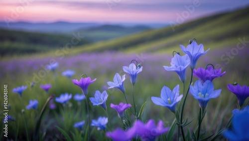 Canterbury Bells and blue wildflowers in California's superbloom during sunset photo