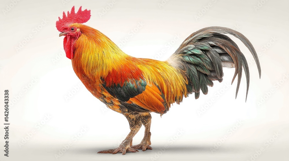 Fototapeta premium Realistic photograph colorful rooster against a solid, stark white background