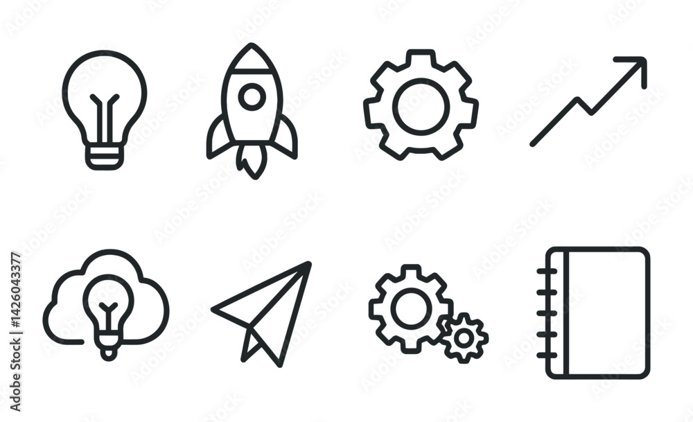 Innovative business icon set: 8 linear icons featuring rocket, lightbulb, and more