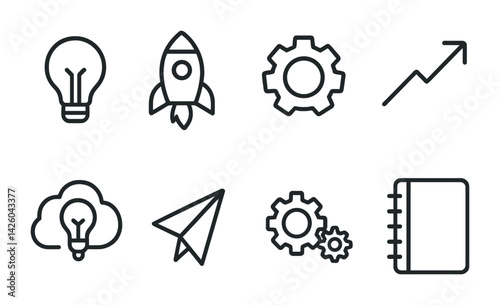 Obraz na płótnie Innovative business icon set: 8 linear icons featuring rocket, lightbulb, and more w salonie