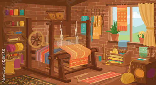 Cozy weaving workshop with colorful textiles and natural light  