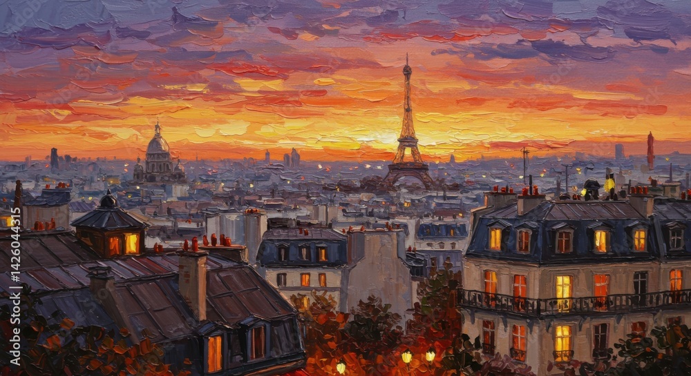 Fototapeta premium Paris Skyline at Sunset Oil Painting