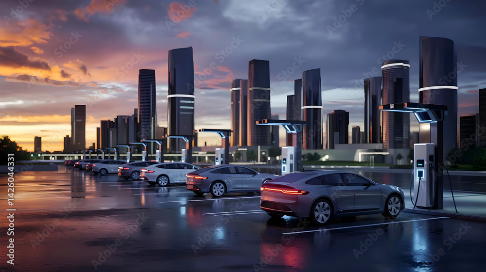 Naklejka premium Urban Electric Vehicle Charging Station at Sunset with City Skyline