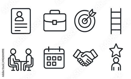 Business and success icons set: linear outline style featuring 8 essential symbols