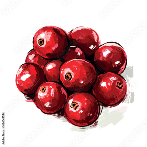 Vibrant red cranberries cluster with glossy shine on white background
