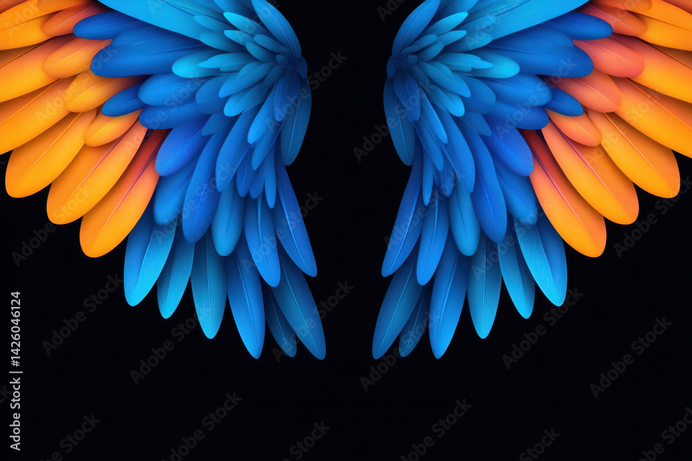 Obraz premium Vibrant blue and orange wings create stunning visual contrast against dark background, evoking sense of freedom and creativity. intricate design showcases blend of colors and shapes