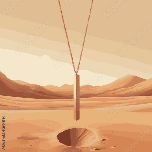 Golden pendant suspended above desert with canyon and mountains at sunset