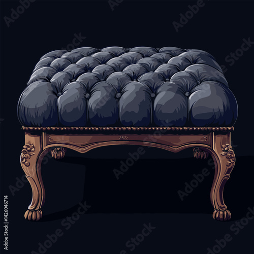 Elegant blue tufted ottoman with wooden carved legs on dark background