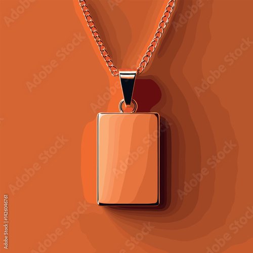 Elegant gold necklace with rectangular pendant on orange background