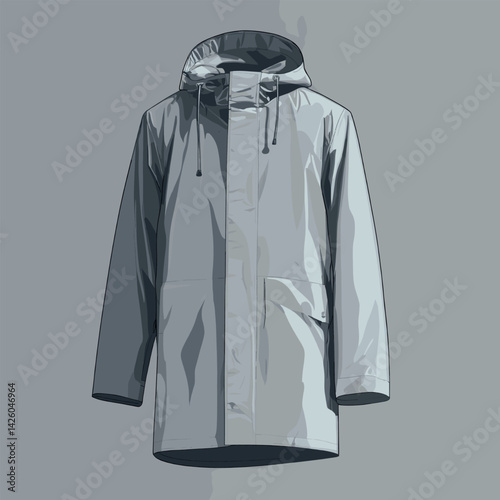 Stylish gray winter coat with hood displayed on neutral background