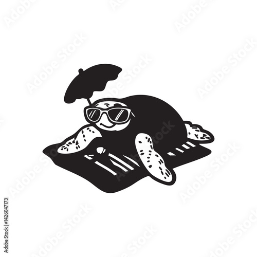Relaxing Turtle in Sunglasses Under Umbrella on a Beach Towel

