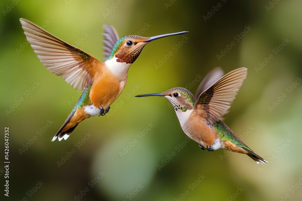 Fototapeta premium Two hummingbirds are gracefully flying with colorful feathers extended in flight