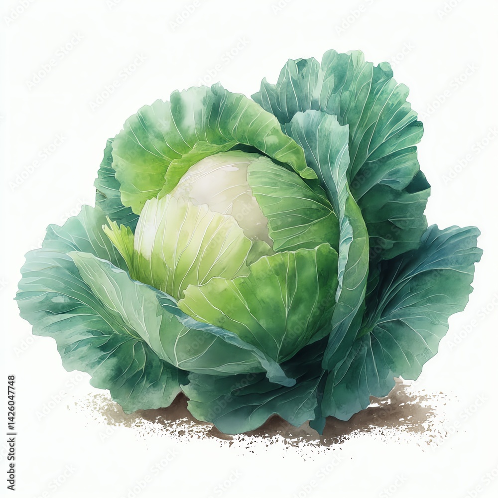 Obraz premium Vibrant Watercolor Cabbage, Green Leaves Unfolding, Freshness and Natures Beauty
