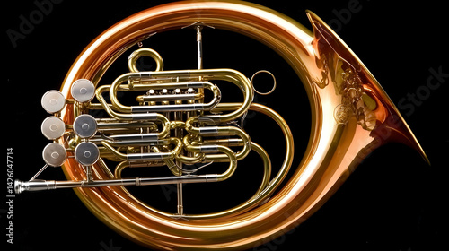 French horn, musical instrument, close-up, black background, orchestra concert