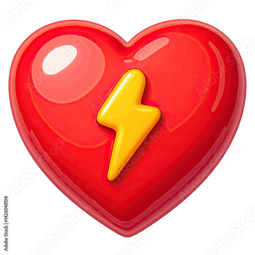 Glossy red heart with yellow lightning bolt on white background, health concept