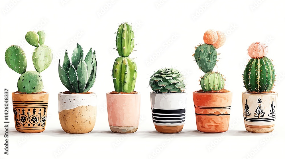 A vibrant row of potted cacti, showcasing diverse species and unique terracotta pots. A tranquil desert-inspired scene. A vibrant row of potted cacti, showcasing diverse species and unique terracotta pots. A tranquil desert-inspired scene.