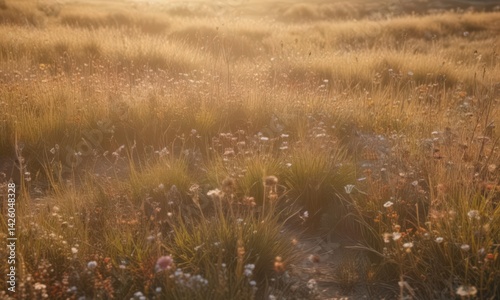 Sun-drenched field, dried grasses, wildflowers, muted tones, soft light, beige, backdrop