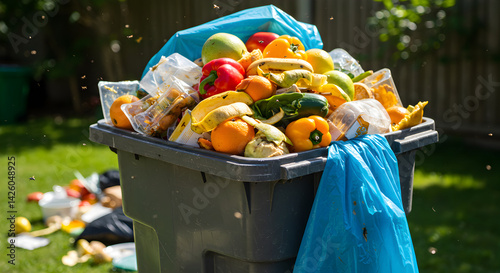 Overflowing Trash Can Full Of Spoiled Food And Organic Waste Outdoor