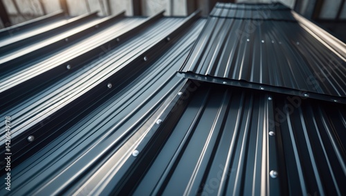 Close-up of a retro style house roof featuring standing seam metal panels with fasteners