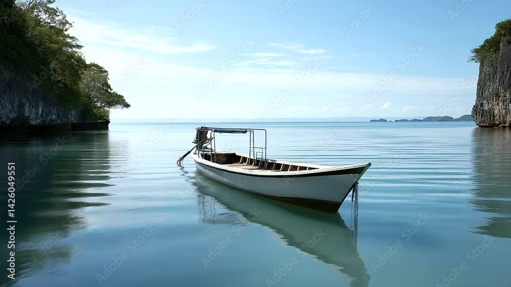 2_Tropical scene with longtail boat on calm sea under blue sky 2_Tropical scene with longtail boat on calm sea under blue sky