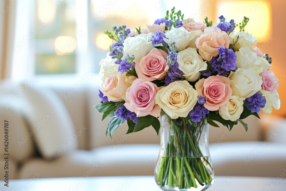 Obraz premium Beautiful bouquet of mixed roses and purple flowers arranged in a clear glass vase on a table by a bright window