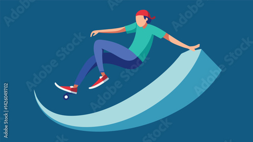 A skater flawlessly exeing a 360 spin on a quarter pipe their body parallel to the board.. Vector illustration