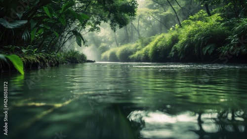 A tranquil river softly flowing under sunlight