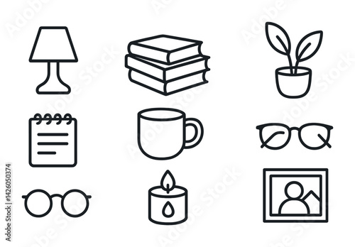 Home and study icons set: linear style with everyday essentials