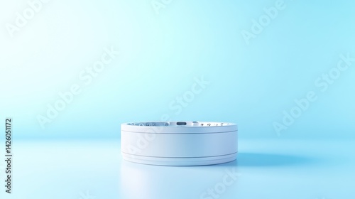 White Cylinder Display Platform Minimalist Style High-resolution Studio Lighting Front view, clean lines Product presentation Empty space, blue backdrop Light pastel tones Ideal for product showcase