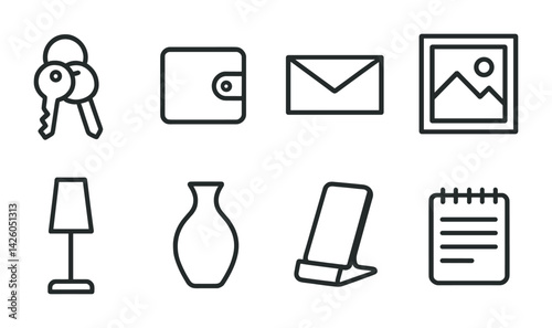 Elegant black linear icon set featuring everyday items and essentials